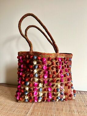 Raffia Tote Bag with Textured Pom Details Large Capacity Natural Fiber